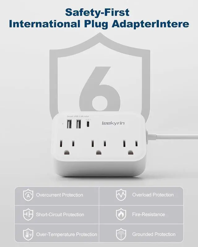 Alt view image 6 of 7 - European Travel Plug Adapter, US to UK Europe Power Strip for EU/UK/US with USB C, 3 USB Ports 3 AC Outlets, 3ft Extension Cord, International Travel Power Strip, Type C for Europe EU Germany France