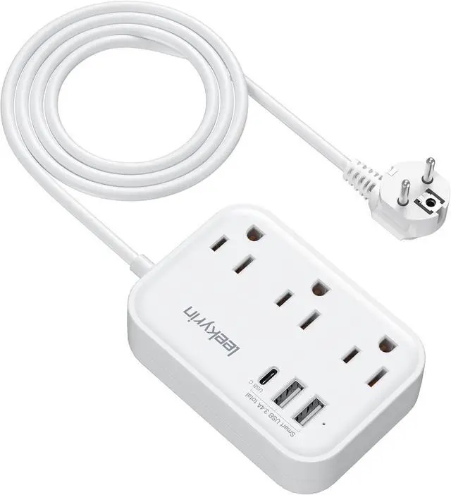 Main image of European Travel Plug Adapter with USB C, US to Europe Plug Adapter with 3 AC Outlets 3 USB Ports, Type E/F Power Adapter for USA to Germany France Iceland Spain, 5FT