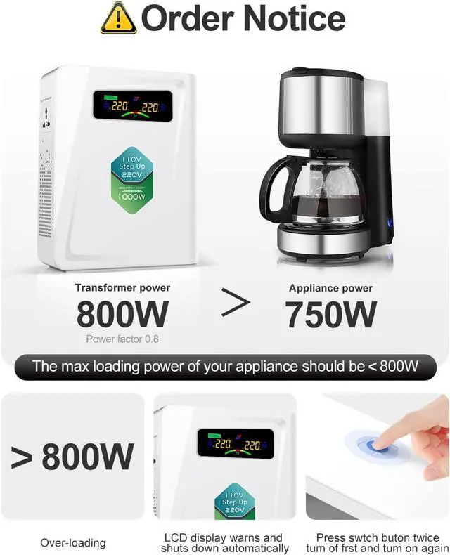 Alt view image 6 of 6 - 120v to 240v Step Up Transformer 1000W, 110v to 220v Power Voltage Converters, No Noise, Ten Protection Functions, Suit for Coffee Machines, Rice Cookers and Other Appliances