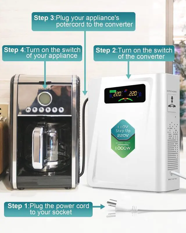 Alt view image 5 of 6 - 120v to 240v Step Up Transformer 1000W, 110v to 220v Power Voltage Converters, No Noise, Ten Protection Functions, Suit for Coffee Machines, Rice Cookers and Other Appliances