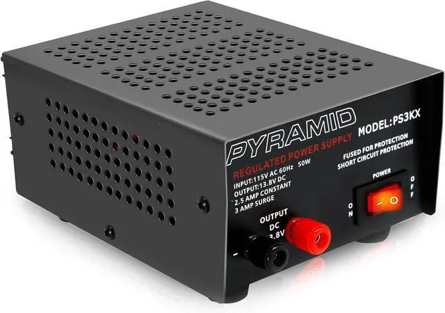 Main image of Pyramid Universal Compact Bench Power Supply - 2.5 Amp Linear Regulated Home Lab Benchtop AC-to-DC 12V Converter w/ 13.8 Volt DC 115V AC 50 Watt Power Input, Screw Type Terminals, Cooling Fan PS3KX