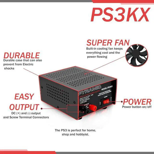 Alt view image 3 of 6 - Pyramid Universal Compact Bench Power Supply - 2.5 Amp Linear Regulated Home Lab Benchtop AC-to-DC 12V Converter w/ 13.8 Volt DC 115V AC 50 Watt Power Input, Screw Type Terminals, Cooling Fan PS3KX
