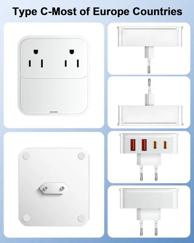 Alt view image 2 of 7 - VHBW European Travel Plug Adapter, USB C Charger 30W PD Fast Charger with 2 AC Outlets Extender, 2 USB-C, 2 UBS-A International Power Adapter for US to Europe Germany Spain Italy France Travel Adapter