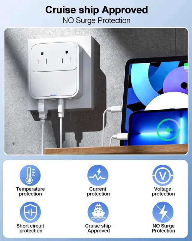 Alt view image 6 of 7 - VHBW European Travel Plug Adapter, USB C Charger 30W PD Fast Charger with 2 AC Outlets Extender, 2 USB-C, 2 UBS-A International Power Adapter for US to Europe Germany Spain Italy France Travel Adapter
