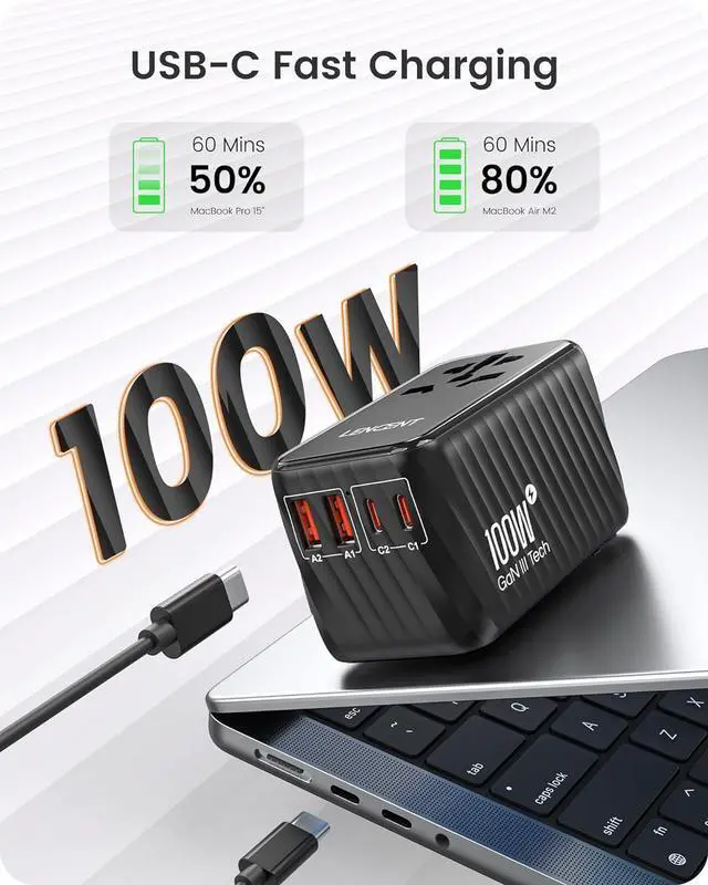 Alt view image 2 of 7 - LENCENT Universal Travel Adapter, 100W GaN International Fast Charger with 2 PD3.0 Type C+2 QC USB A, Worldwide Power Adaptor for Phones,Laptops, All in One Travel Essentials for EU/USA/UK/AU, Black