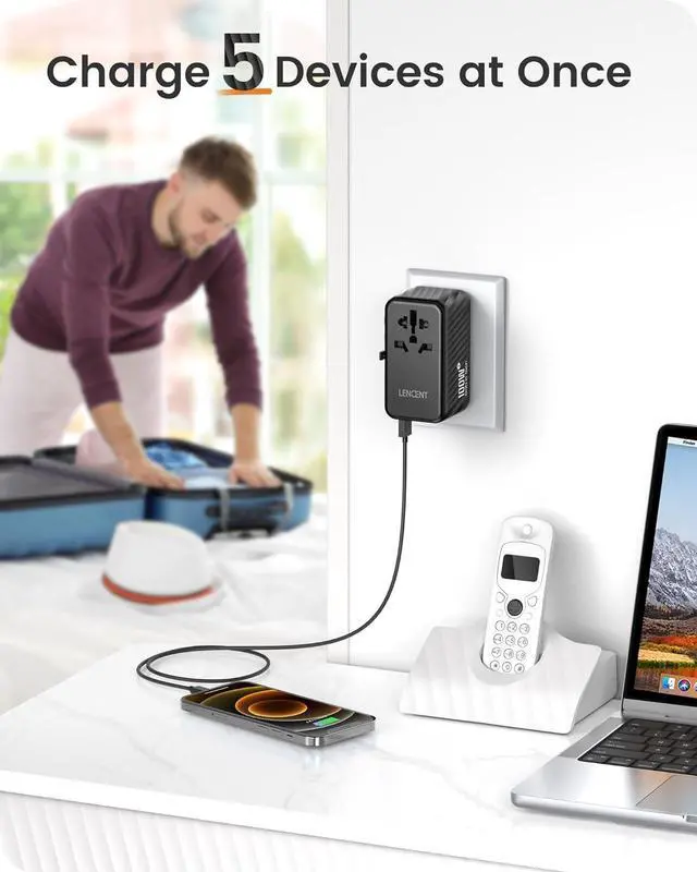 Alt view image 5 of 7 - LENCENT Universal Travel Adapter, 100W GaN International Fast Charger with 2 PD3.0 Type C+2 QC USB A, Worldwide Power Adaptor for Phones,Laptops, All in One Travel Essentials for EU/USA/UK/AU, Black