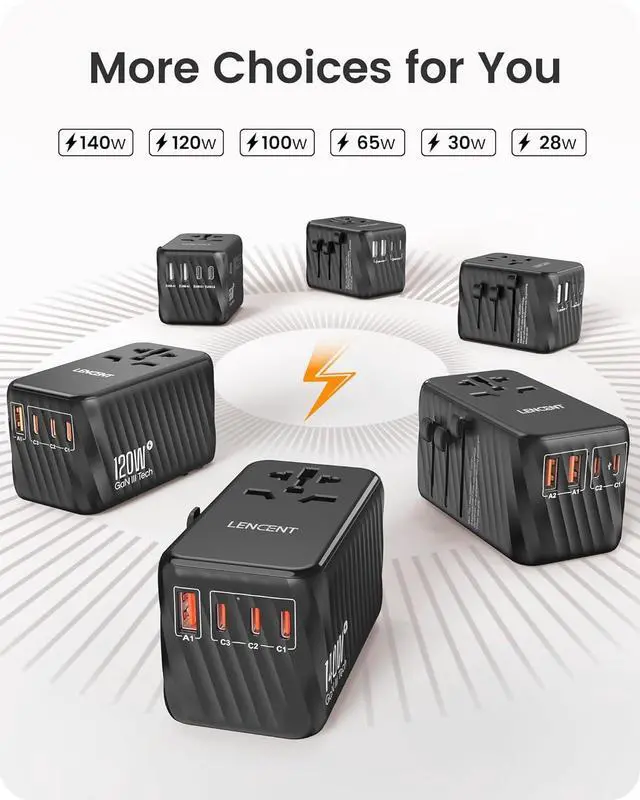 Alt view image 6 of 7 - LENCENT Universal Travel Adapter, 100W GaN International Fast Charger with 2 PD3.0 Type C+2 QC USB A, Worldwide Power Adaptor for Phones,Laptops, All in One Travel Essentials for EU/USA/UK/AU, Black