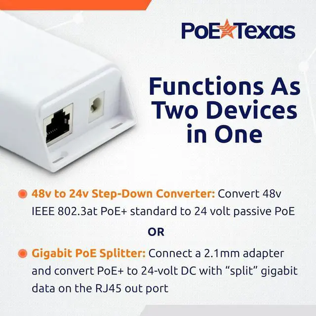Alt view image 3 of 6 - PoE Texas 48v to 24v PoE Converter - Inline PoE Splitter with 24 Volt 25 Watt PoE or DC - Converts IEEE 802.3at PoE+ to 24V Passive PoE or 24V DC Output with Gigabit Data for Ubiquiti and Mikrotik