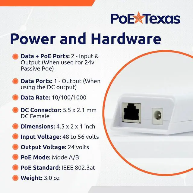 Alt view image 6 of 6 - PoE Texas 48v to 24v PoE Converter - Inline PoE Splitter with 24 Volt 25 Watt PoE or DC - Converts IEEE 802.3at PoE+ to 24V Passive PoE or 24V DC Output with Gigabit Data for Ubiquiti and Mikrotik