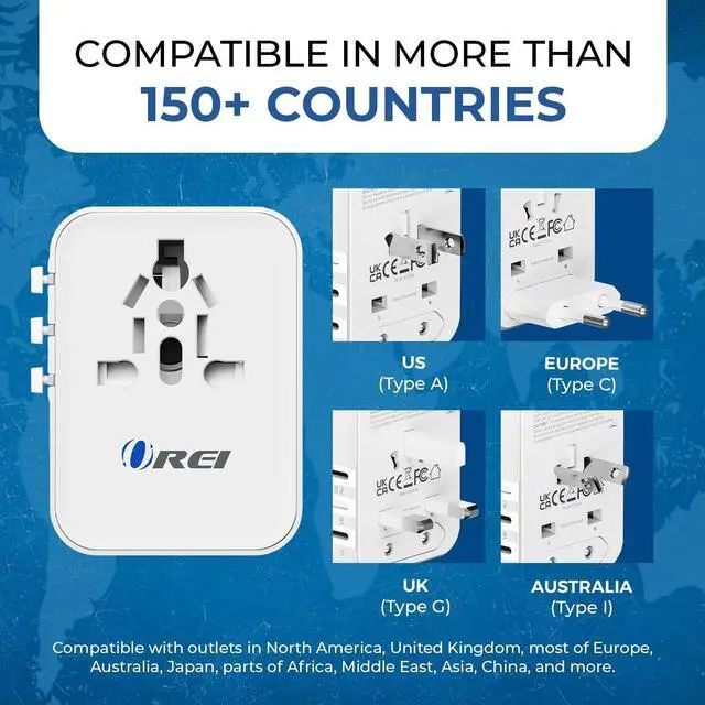 Alt view image 7 of 7 - OREI World Travel Plug Adapter - 2 USB + 1 Universal Outlets - Slots for Europe, Asia, China, Japan, Africa - Perfect for Cell Phones, Tablets, Cameras and More