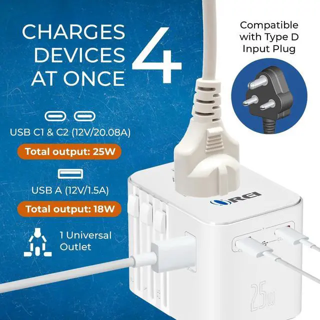 Alt view image 6 of 7 - OREI World Travel Plug Adapter - 2 USB + 1 Universal Outlets - Slots for Europe, Asia, China, Japan, Africa - Perfect for Cell Phones, Tablets, Cameras and More