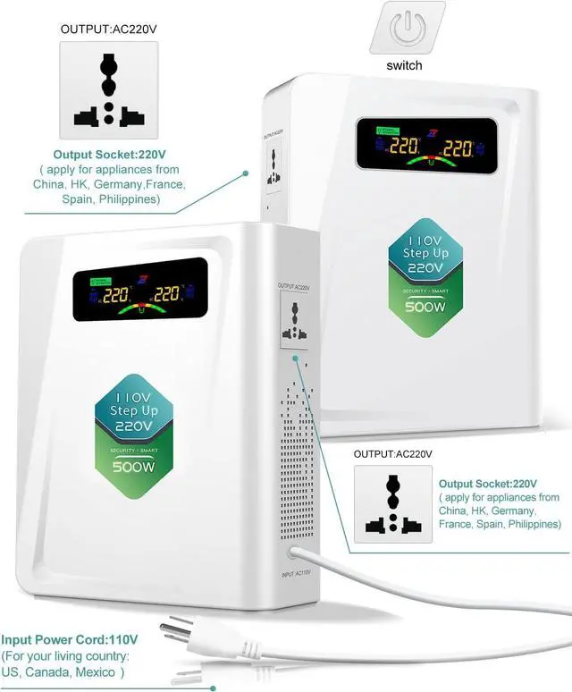 Alt view image 2 of 6 - Voltage Converter 110 to 220 Step Up Transformer 500W, No Noise, Ten Protection Functions, CE & CQC Certified Using 220V Asia Euro Appliance in US