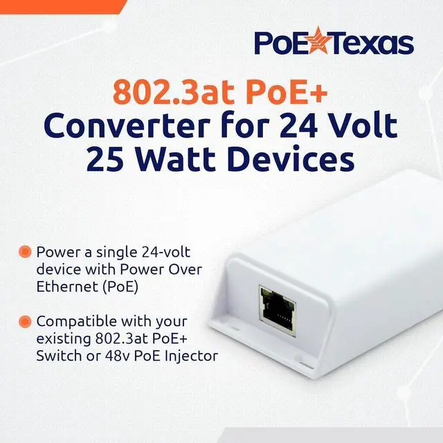 Alt view image 2 of 6 - PoE Texas 48v to 24v PoE Converter - Inline PoE Splitter with 24 Volt 25 Watt PoE or DC - Converts IEEE 802.3at PoE+ to 24V Passive PoE or 24V DC Output with Gigabit Data for Ubiquiti and Mikrotik