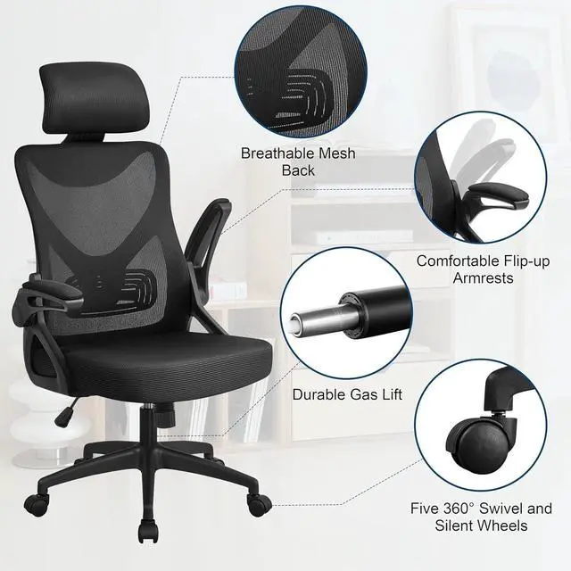 Alt view image 5 of 7 - Yaheetech Ergonomic Office Chair, High Back Desk Chair with Headrest and Flip-up Armrest Lumbar Support for Home Office Meeting Room Study, Black