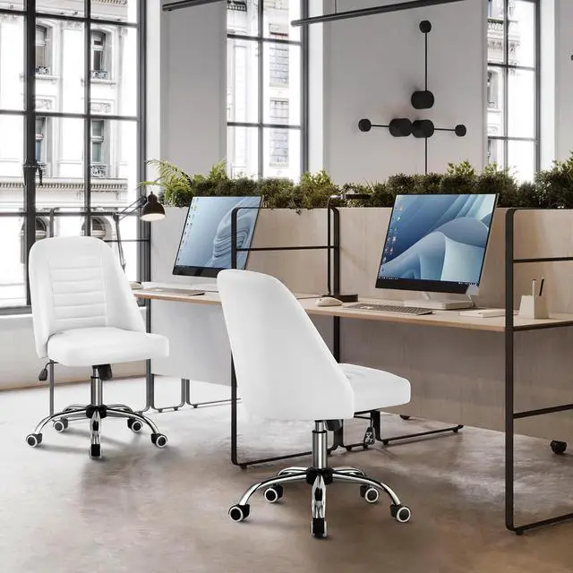 Alt view image 2 of 7 - Yaheetech PU Leather Armless Office Chair, Mid Back Desk Chair, Computer Task Chair, Modern Vanity Chair with Rolling Wheels, Metal Base White
