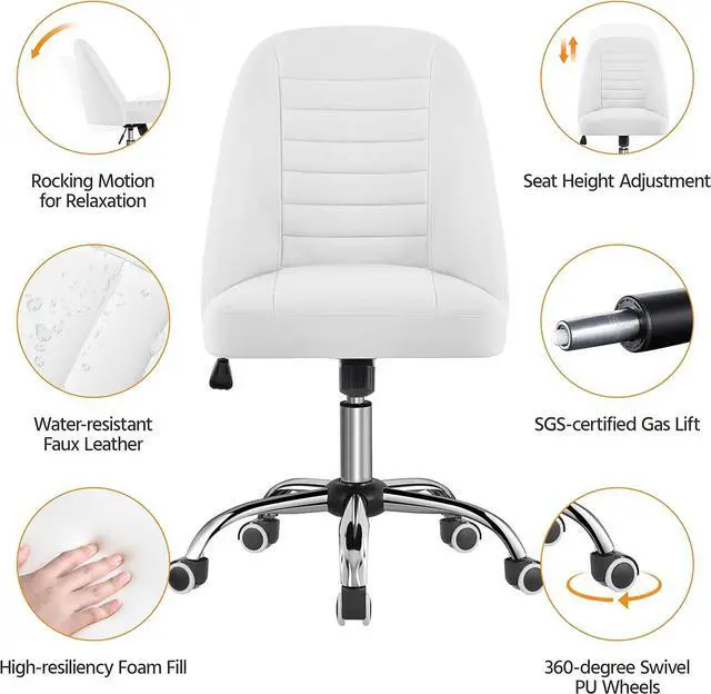 Alt view image 4 of 7 - Yaheetech PU Leather Armless Office Chair, Mid Back Desk Chair, Computer Task Chair, Modern Vanity Chair with Rolling Wheels, Metal Base White