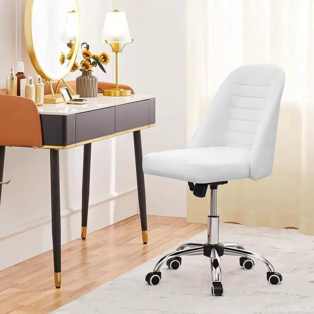 Alt view image 7 of 7 - Yaheetech PU Leather Armless Office Chair, Mid Back Desk Chair, Computer Task Chair, Modern Vanity Chair with Rolling Wheels, Metal Base White