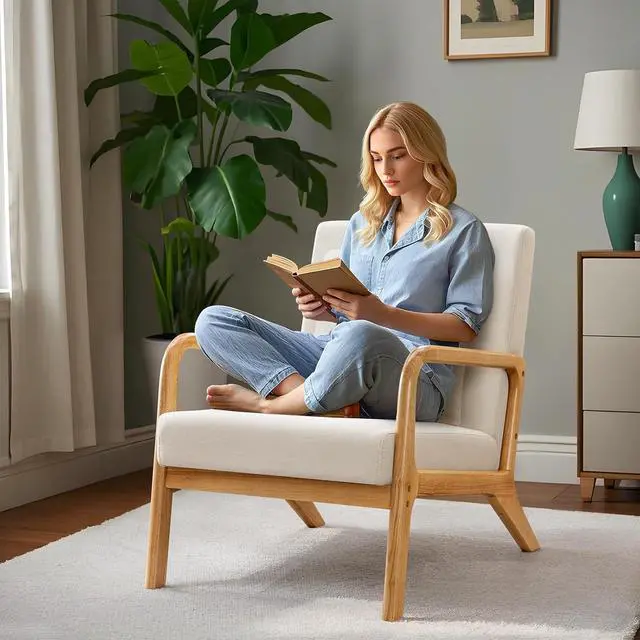 Alt view image 2 of 7 - ELUCHANG Mid-Century Modern Chair,Accent Chair with Lumbar Pillow,Upholstered Armchair,Linen Fabric Comfy Reading Chair, Lounge Side Chair for Living Room Bedroom Apartment,Easy Assembly
