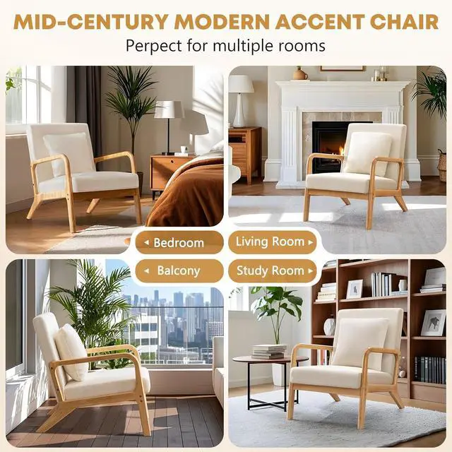 Alt view image 7 of 7 - ELUCHANG Mid-Century Modern Chair,Accent Chair with Lumbar Pillow,Upholstered Armchair,Linen Fabric Comfy Reading Chair, Lounge Side Chair for Living Room Bedroom Apartment,Easy Assembly