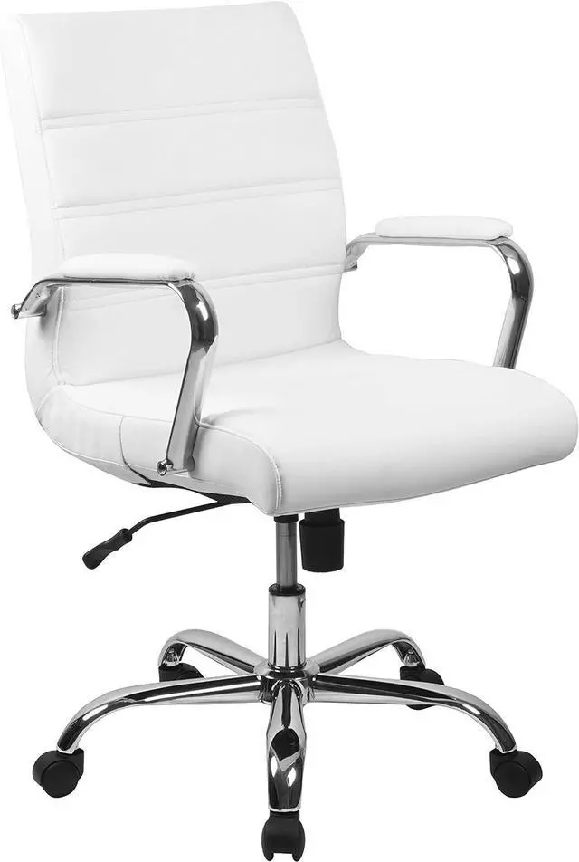 Main image of Flash Furniture Whitney Mid-Back Swivel LeatherSoft Desk Chair with Padded Seat and Armrests, Adjustable Height Padded Office Chair, White/Chrome