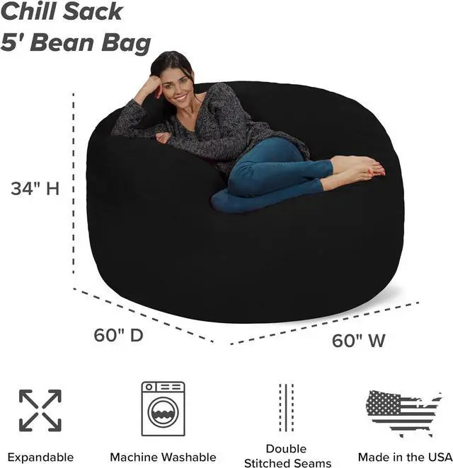 Alt view image 3 of 5 - Chill Sack Bean Bag Chair - 5' Giant Memory Foam Lounge Chair with Soft Microfiber Cover  Cozy Furniture for Living Room, Dorm, & Kids' Rooms  Comfortable 5 Ft, Microsuede Lounge Sofa, Black