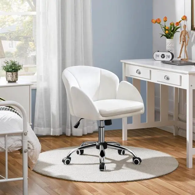 Alt view image 6 of 7 - Yaheetech White Desk Chair Vanity Chair with Back Modern Faux Leather Swivel Rolling Office Computer Armchair for Living Room, Bedroom