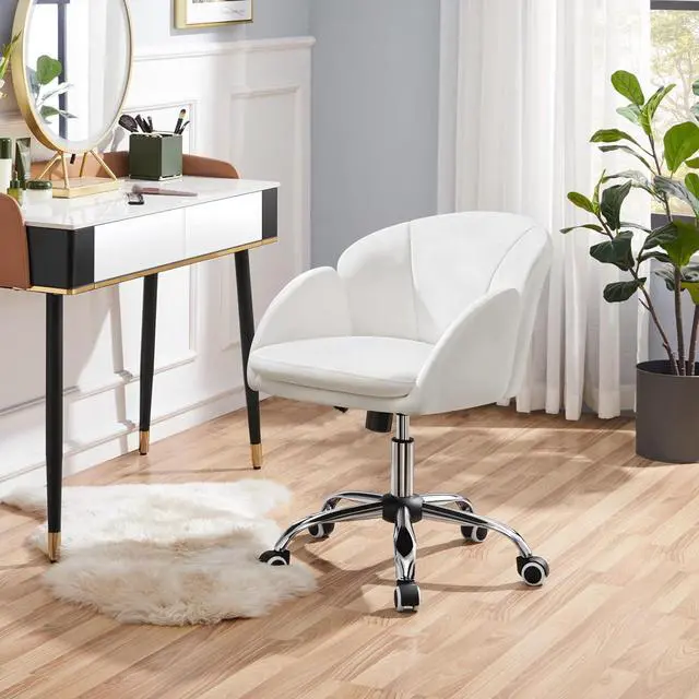 Alt view image 2 of 7 - Yaheetech White Desk Chair Vanity Chair with Back Modern Faux Leather Swivel Rolling Office Computer Armchair for Living Room, Bedroom