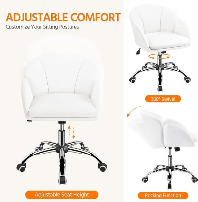 Alt view image 4 of 7 - Yaheetech White Desk Chair Vanity Chair with Back Modern Faux Leather Swivel Rolling Office Computer Armchair for Living Room, Bedroom
