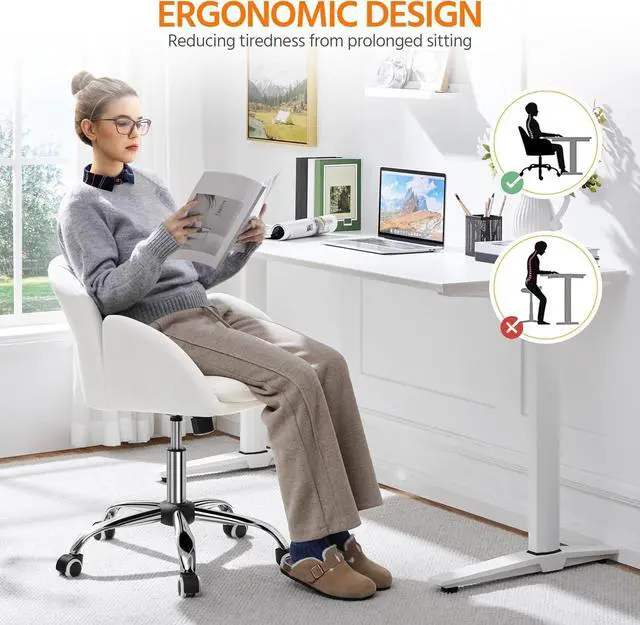 Alt view image 7 of 7 - Yaheetech White Desk Chair Vanity Chair with Back Modern Faux Leather Swivel Rolling Office Computer Armchair for Living Room, Bedroom