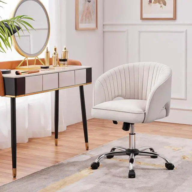Alt view image 2 of 7 - Yaheetech Cute Desk Chair Velvet Vanity Chair with Wheels Home Office Upholstered Modern Swivel Armchair with Tufted Barrel Back for Study, Vanity, Bedroom Cream