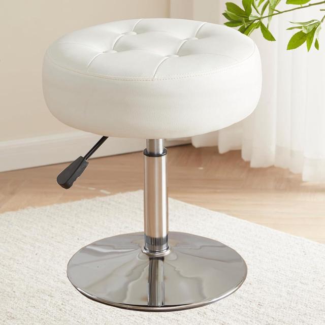 Alt view image 3 of 4 - White Vanity Chair for Makeup Room Round Ottoman Tufted PU Leather Makeup Chair Vanity Stools for Bathroom Height Adjustable 360 Swivel