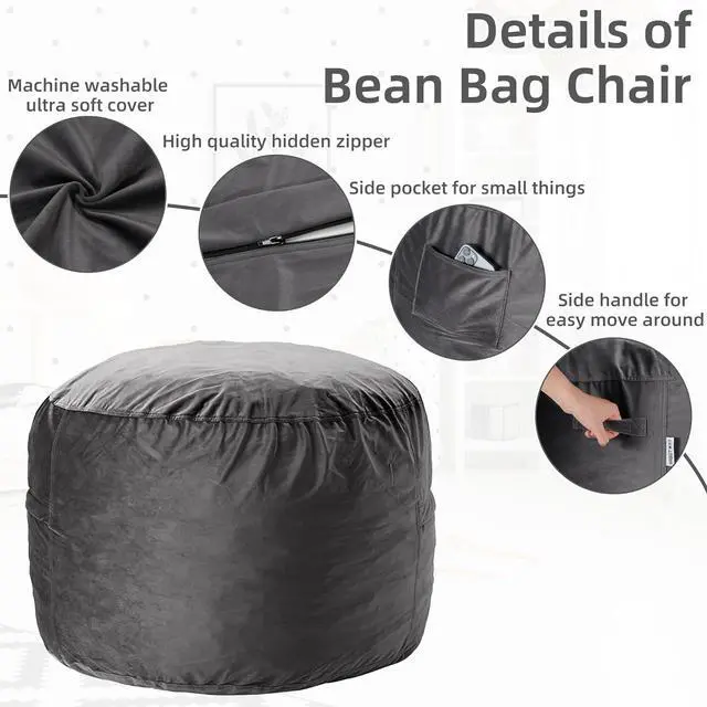 Alt view image 5 of 7 - HABUTWAY Bean Bag Chair 3Ft Luxurious Velvet Ultra Soft Fur with High Rebound Memory Foam Bean Bag Chairs for Adults Plush Lazy Sofa with Fluffy Removable Sponge 3' (Grey)
