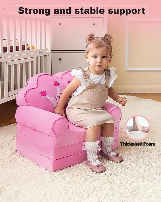 Alt view image 4 of 7 - MOONBEEKI Kids Couch Fold Out, Foldable Princess Chair for Toddlers 1-3, Sofa Bed for Kids Folding Toddler Bed Lounger Chair for Bedroom Pink