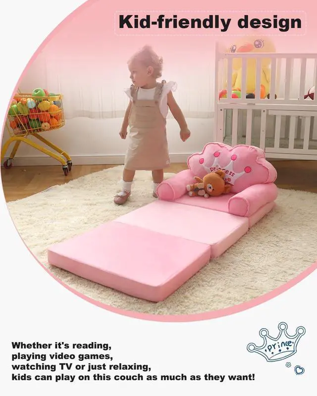 Alt view image 5 of 7 - MOONBEEKI Kids Couch Fold Out, Foldable Princess Chair for Toddlers 1-3, Sofa Bed for Kids Folding Toddler Bed Lounger Chair for Bedroom Pink