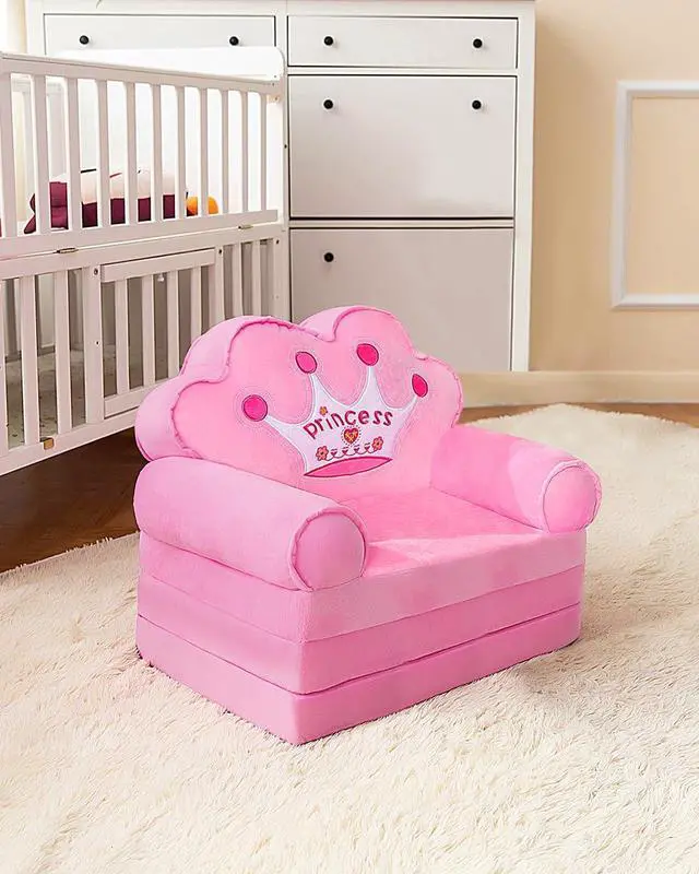 Alt view image 2 of 7 - MOONBEEKI Kids Couch Fold Out, Foldable Princess Chair for Toddlers 1-3, Sofa Bed for Kids Folding Toddler Bed Lounger Chair for Bedroom Pink