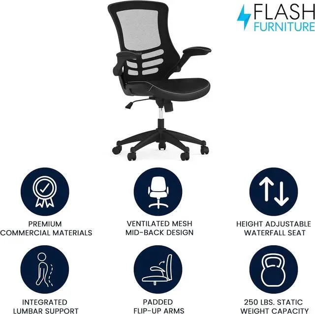 Alt view image 4 of 7 - Flash Furniture Kelista Mid-Back Swivel Office Chair with Adjustable Seat Height, Ergonomic Mesh Desk Chair with LeatherSoft Seat, Black