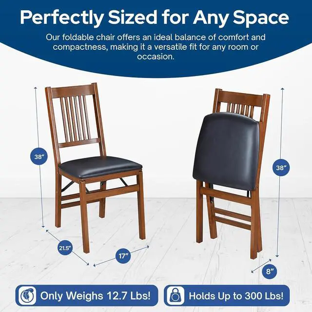 Alt view image 3 of 7 - MECO Stakmore True Mission Wooden Folding Chairs with Padded Seats, Set of 2 - No Assembly Foldable Dining Chairs, Steel Folding Mechanism, Upholstered Cushion, Space-Saving, Fruitwood Frame