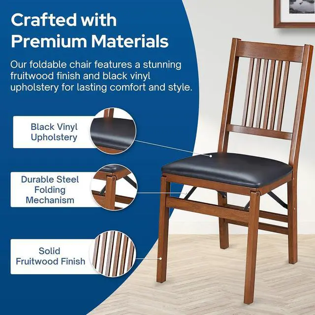 Alt view image 4 of 7 - MECO Stakmore True Mission Wooden Folding Chairs with Padded Seats, Set of 2 - No Assembly Foldable Dining Chairs, Steel Folding Mechanism, Upholstered Cushion, Space-Saving, Fruitwood Frame