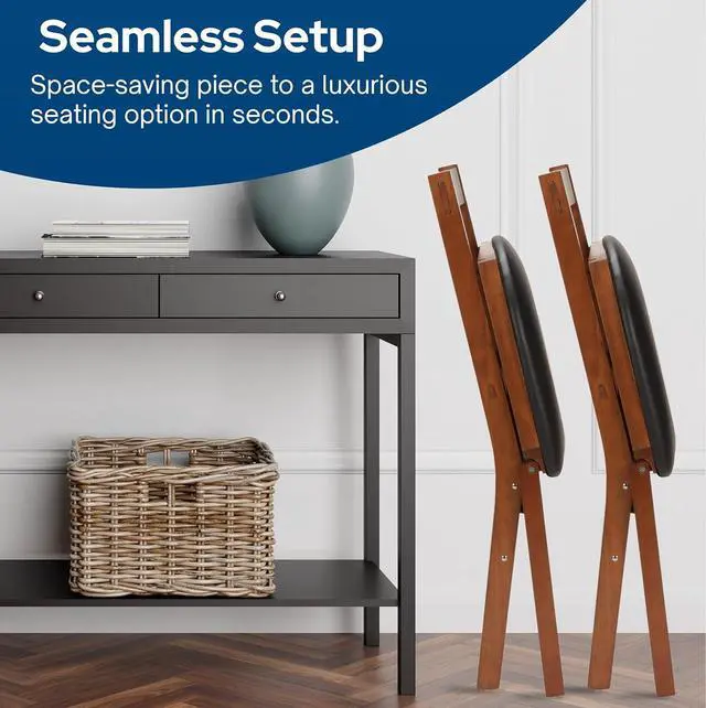 Alt view image 6 of 7 - MECO Stakmore True Mission Wooden Folding Chairs with Padded Seats, Set of 2 - No Assembly Foldable Dining Chairs, Steel Folding Mechanism, Upholstered Cushion, Space-Saving, Fruitwood Frame