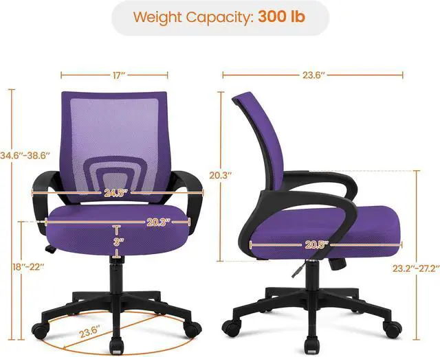 Alt view image 3 of 7 - Yaheetech Office Chair Ergonomic Mesh Chair w/Lumbar Support Armrest Wheels Comfortable Racing Seat Adjustable Swivel Rolling Home Executive Mid Back Computer Chair for Adults, Purple