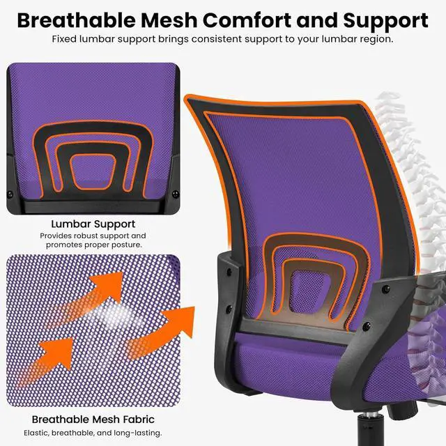 Alt view image 4 of 7 - Yaheetech Office Chair Ergonomic Mesh Chair w/Lumbar Support Armrest Wheels Comfortable Racing Seat Adjustable Swivel Rolling Home Executive Mid Back Computer Chair for Adults, Purple