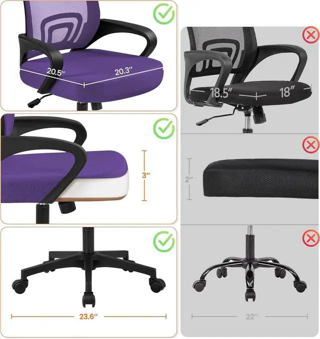 Alt view image 6 of 7 - Yaheetech Office Chair Ergonomic Mesh Chair w/Lumbar Support Armrest Wheels Comfortable Racing Seat Adjustable Swivel Rolling Home Executive Mid Back Computer Chair for Adults, Purple