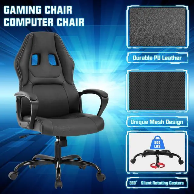 Alt view image 6 of 7 - Gaming Chair PC Computer Chair Office Chair for Adult Teen Kids, Ergonomic PU Leather Gamer Chair with Lumbar Support High Back Adjustable Rolling Swivel Desk Chair, Black
