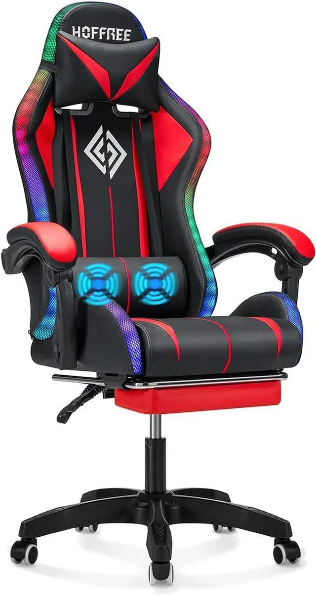Main image of Gaming Chair Massage with LED RGB Lights and Footrest Ergonomic Computer Gaming Chair with High Back Video Game Chair with Adjustable Lumbar Support Red and Black