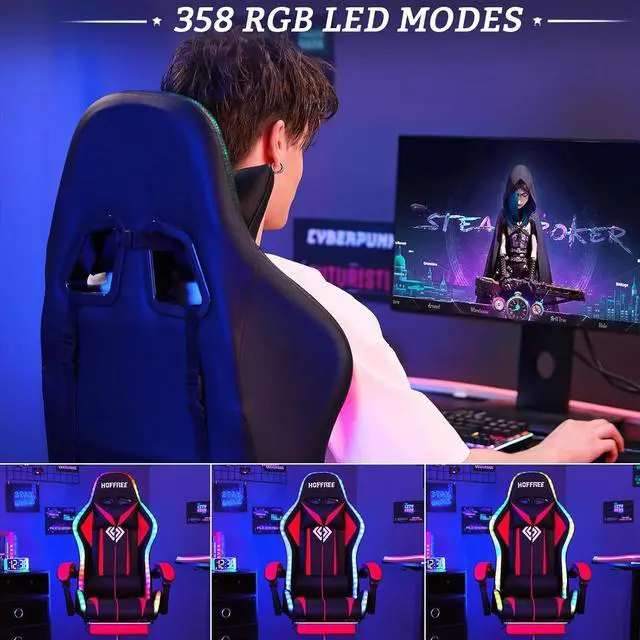 Alt view image 5 of 7 - Gaming Chair Massage with LED RGB Lights and Footrest Ergonomic Computer Gaming Chair with High Back Video Game Chair with Adjustable Lumbar Support Red and Black