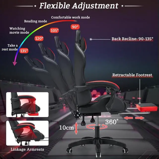 Alt view image 7 of 7 - Gaming Chair Massage with LED RGB Lights and Footrest Ergonomic Computer Gaming Chair with High Back Video Game Chair with Adjustable Lumbar Support Red and Black