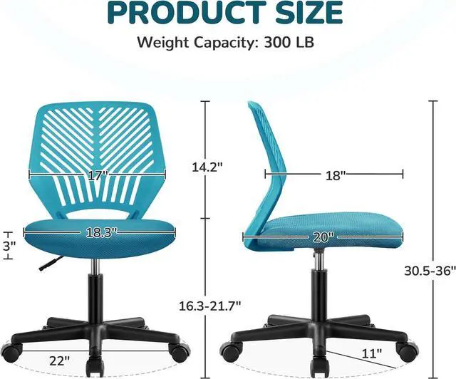 Alt view image 3 of 7 - Topeakmart Armless Office Chair, Ergonomic Task Chair with Lumbar Support Adjustable Height, Modern Study Chair for Small Space, Turquoise