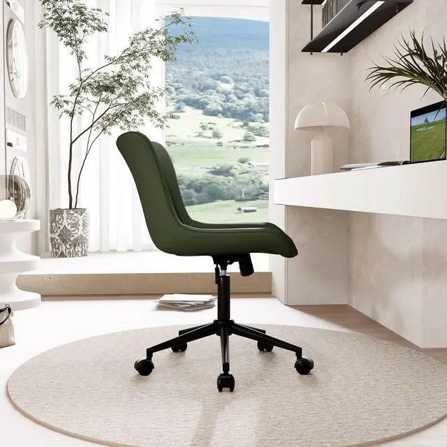 Alt view image 6 of 7 - YOUNIKE Office Chair, Armless Desk Chair Computer Chair with Wheels, Modern Upholstered PU Leather Task Chair, Rolling Adjustable Swivel Home Office Desk Chair, Dark Green