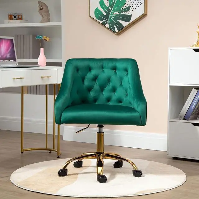 Alt view image 2 of 7 - MOJAY Velvet Office Swivel Chair, Vanity Fabric Desk Pretty Fancy Gold Office Chairs for Girls, 360°Swivel Height Adjustable Reception Chair (Green)