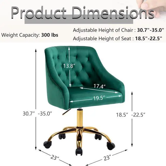 Alt view image 3 of 7 - MOJAY Velvet Office Swivel Chair, Vanity Fabric Desk Pretty Fancy Gold Office Chairs for Girls, 360°Swivel Height Adjustable Reception Chair (Green)